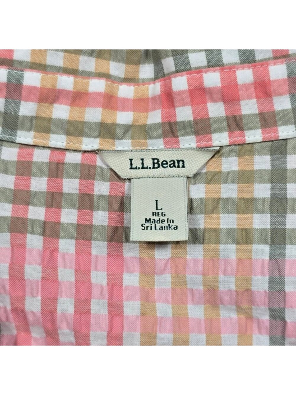 LL Bean Large Womens Short Sleeve Button-Front Plaid Shirt Pink/Green 100 Cotton - Picture 2 of 4